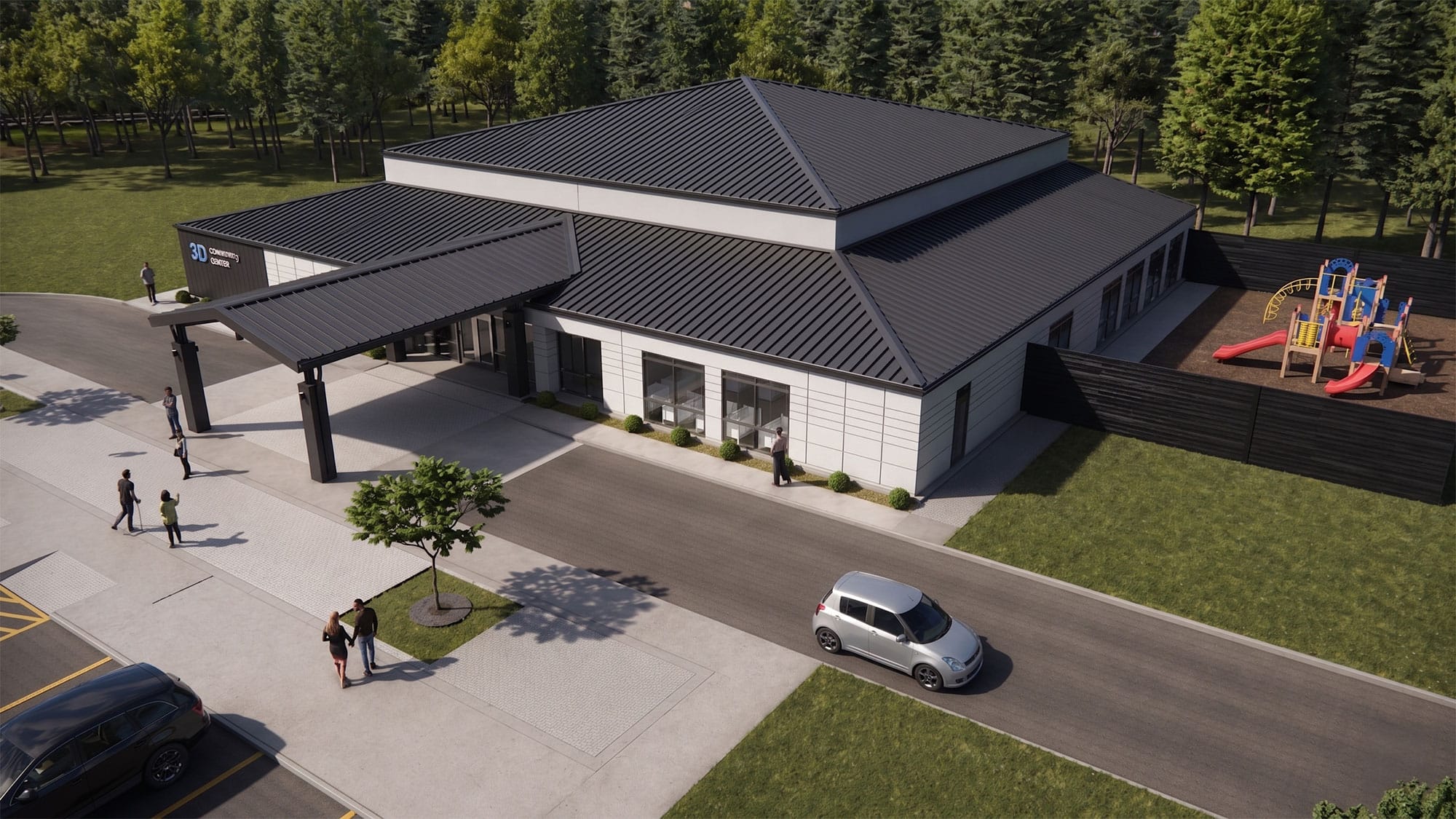 Aerial view of 3D Community Church in Sanford, NC with a dark standing seam metal roof, entry canopy and a playground by Ossa Studio