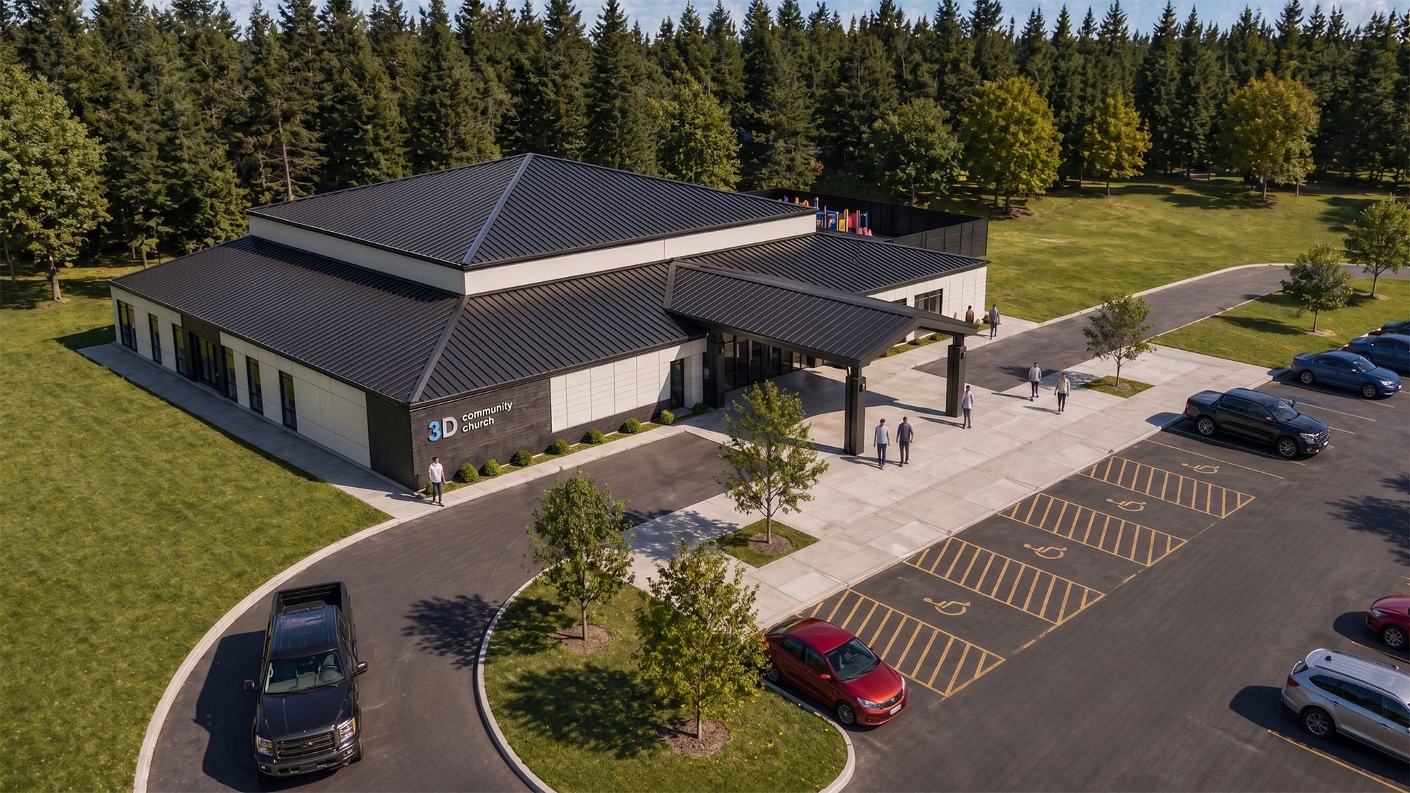Aerial view of the 3D Community Church building and parking lot in Sanford, NC, surrounded by trees, designed by Ossa Studio