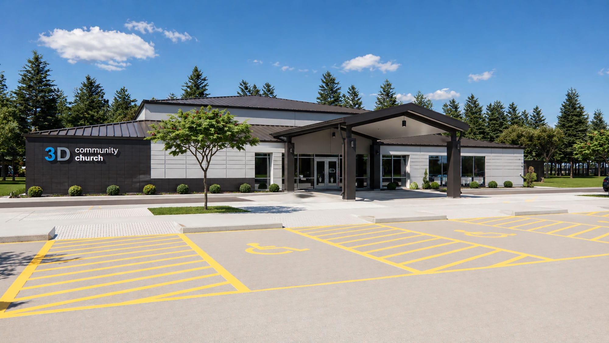The 3D Community Church front entrance in Sanford, NC, with a covered canopy, metal roof and parking by Ossa Studio