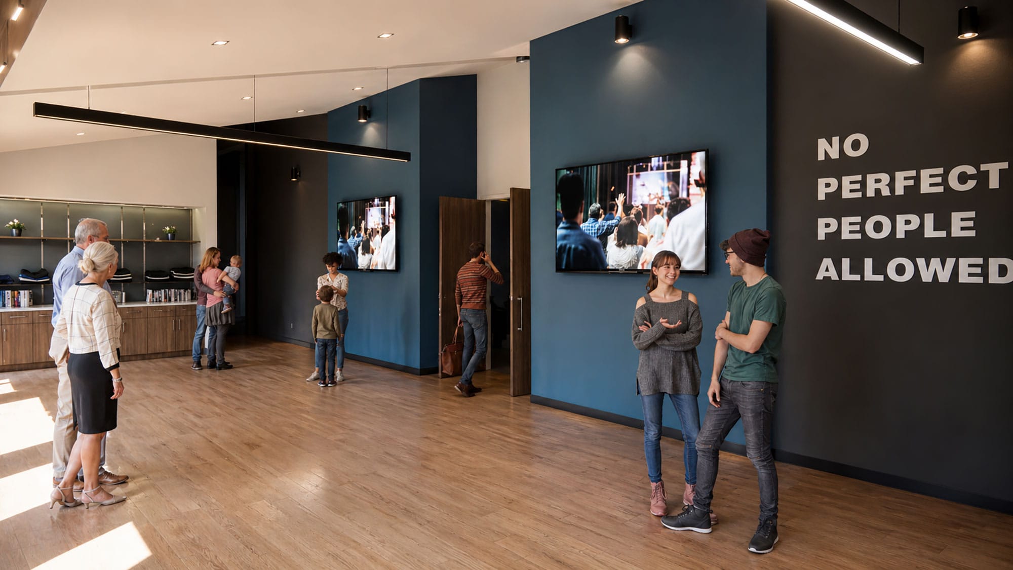 The 3D Community Church lobby in Sanford, NC with blue and dark gray walls, video screens and a coffee counter by Ossa Studio