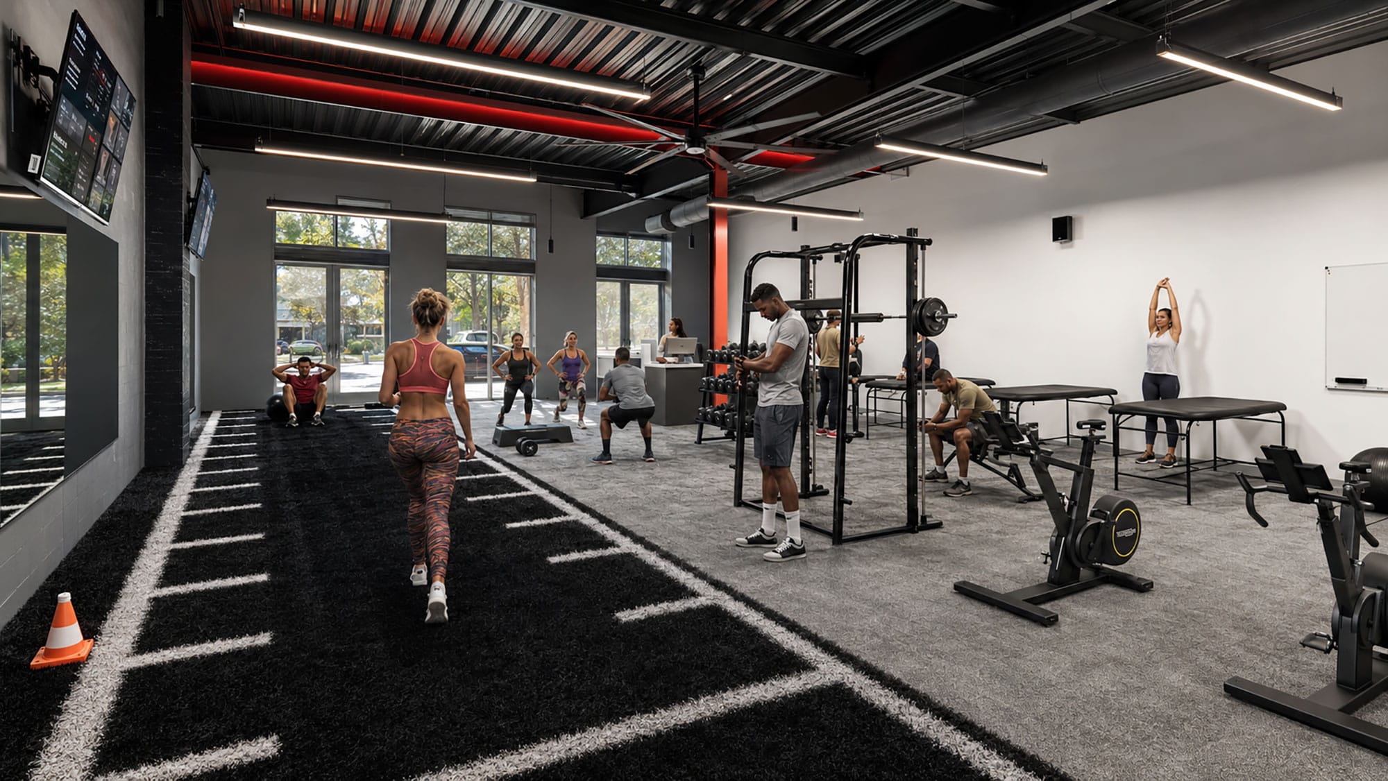 Training area at Architech Sports in Charlotte, NC with storefront windows, squat racks and black turf, by Ossa Studio