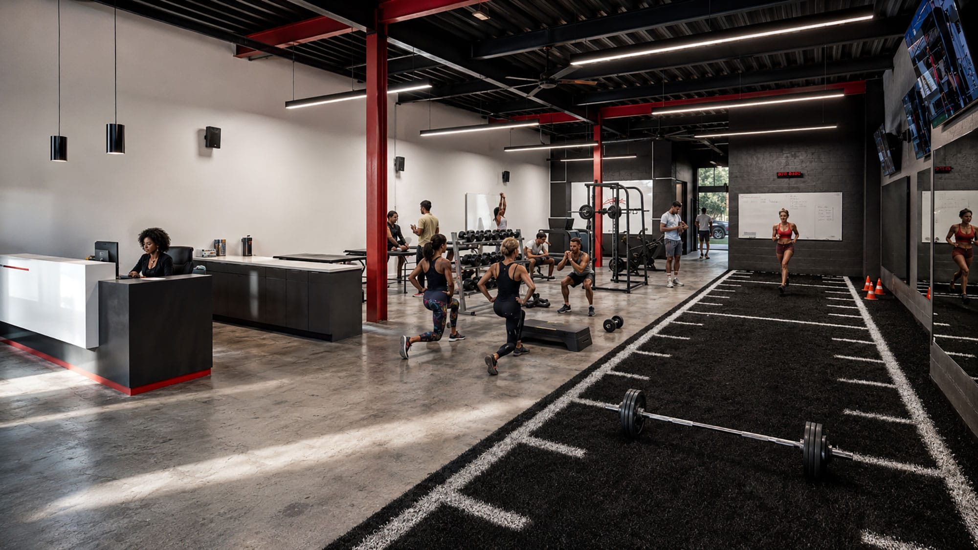Strength and conditioning floor with a black turf lane at Architech Sports in Charlotte, NC, designed by Ossa Studio