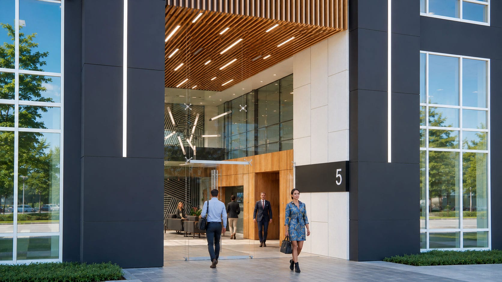 Glass entrance of the Five Coliseum Centre office building in Charlotte, NC with a wood slat soffit and dark metal panels, designed by Ossa Studio