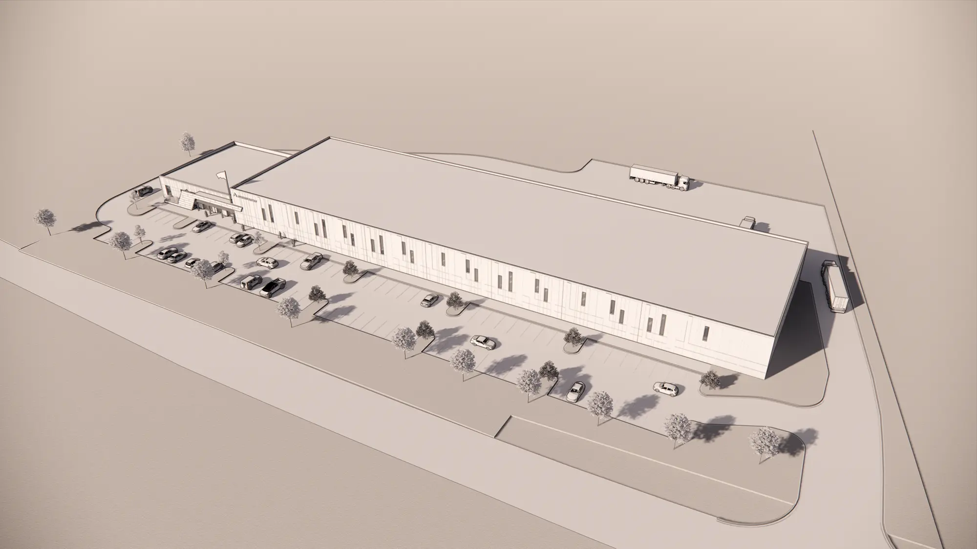 Aerial view of the First in Flight warehouse and office building in Charlotte, NC with vertical color accents and parking by Ossa Studio