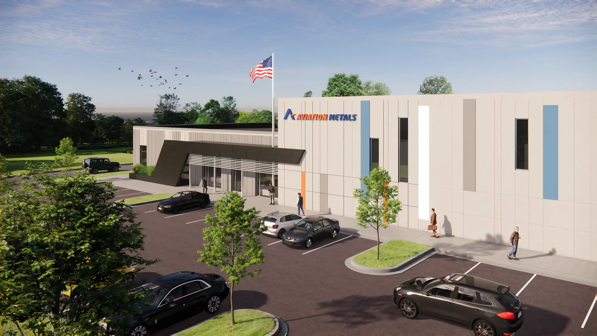 The First in Flight office entrance in Charlotte, NC with a cantilevered canopy, trees and parking by Ossa Studio