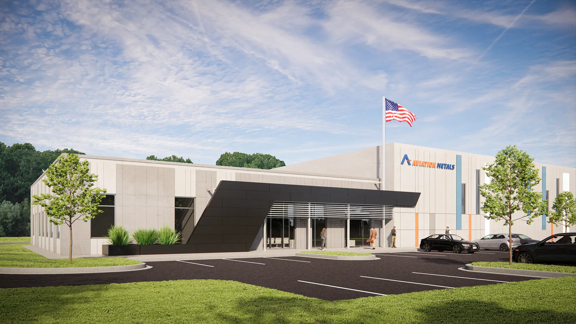 Aerial massing model of the First in Flight warehouse in Charlotte, NC with loading side and parking along the facade by Ossa Studio