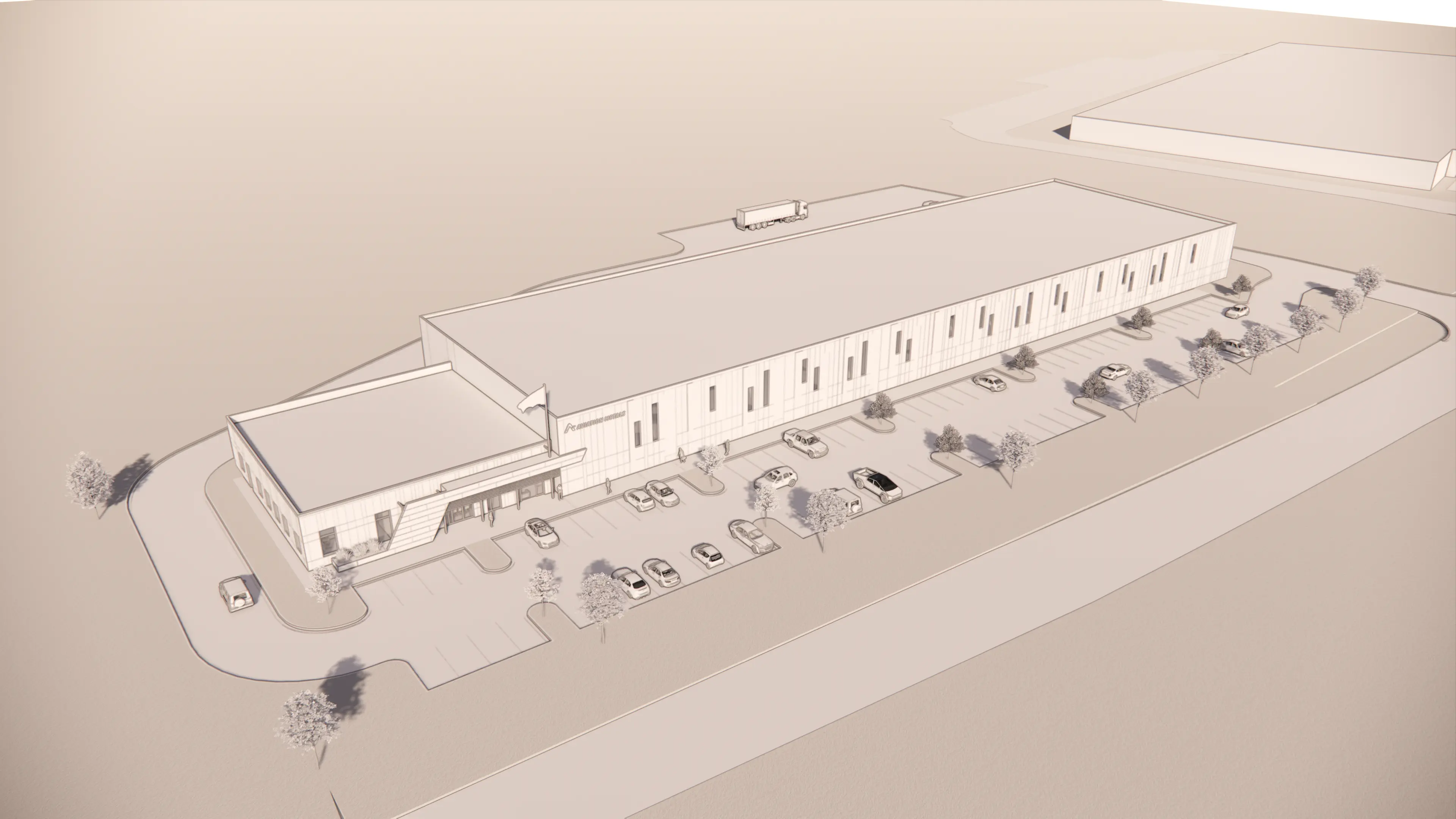 Massing model of the First in Flight building in Charlotte, NC showing the office wing, long warehouse volume and parking by Ossa Studio