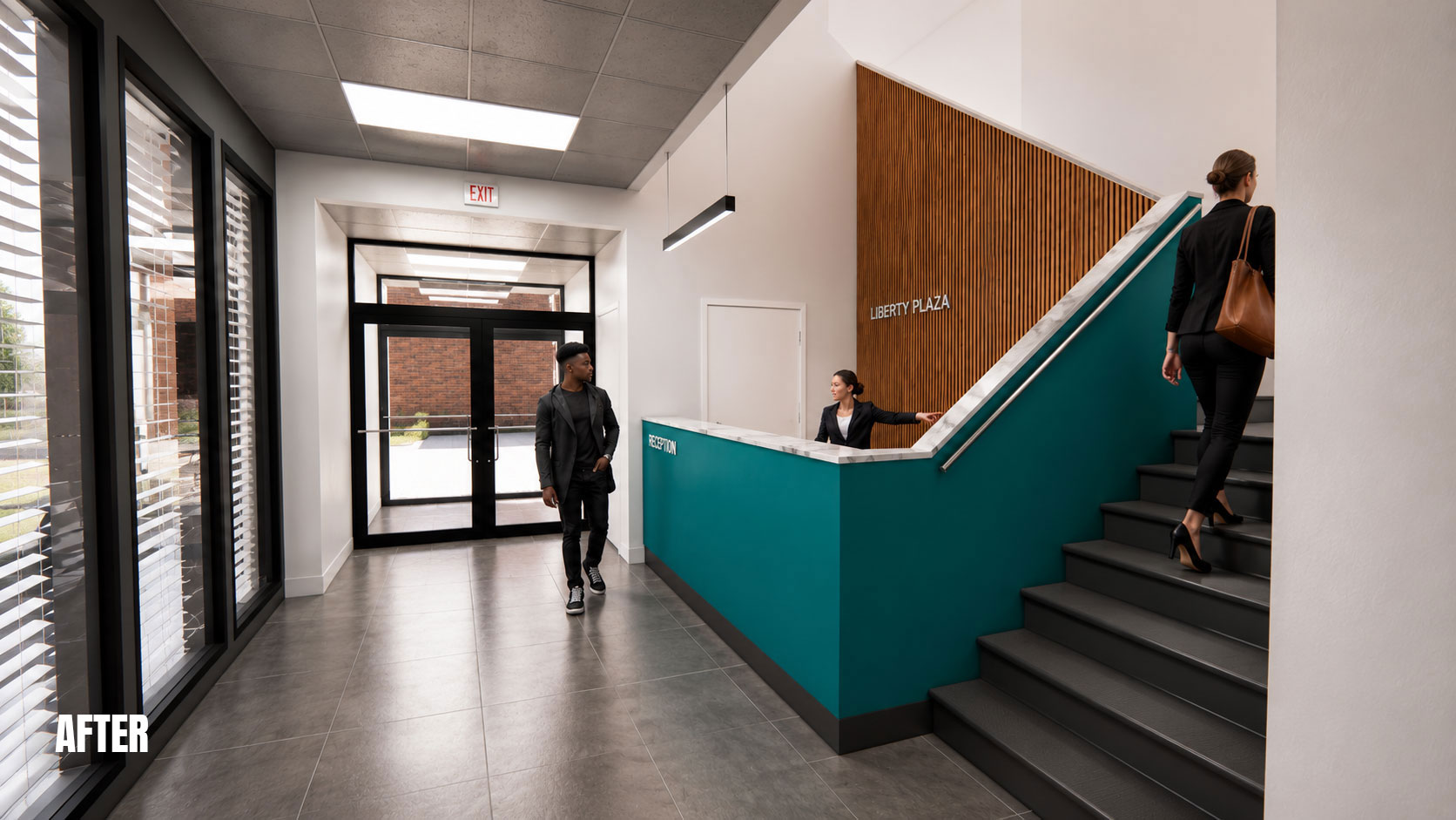 After: reception at Liberty Plaza in Winston-Salem, NC, with a teal desk, wood slat wall and new tile floor, a lobby renovation by Ossa Studio