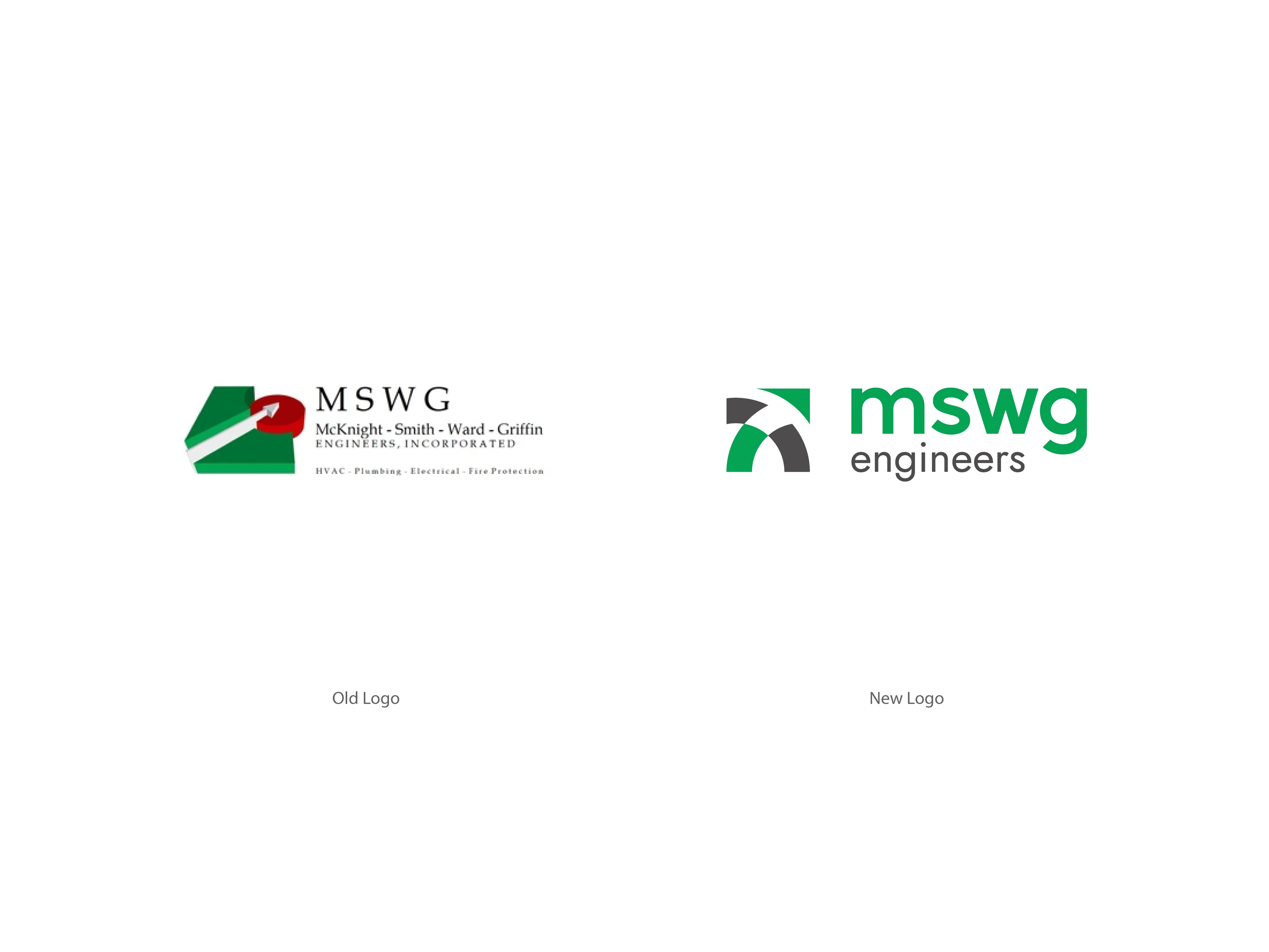 Old and new MSWG Engineers logos side by side: a serif wordmark and emblem replaced by a modern mark, by Ossa Studio