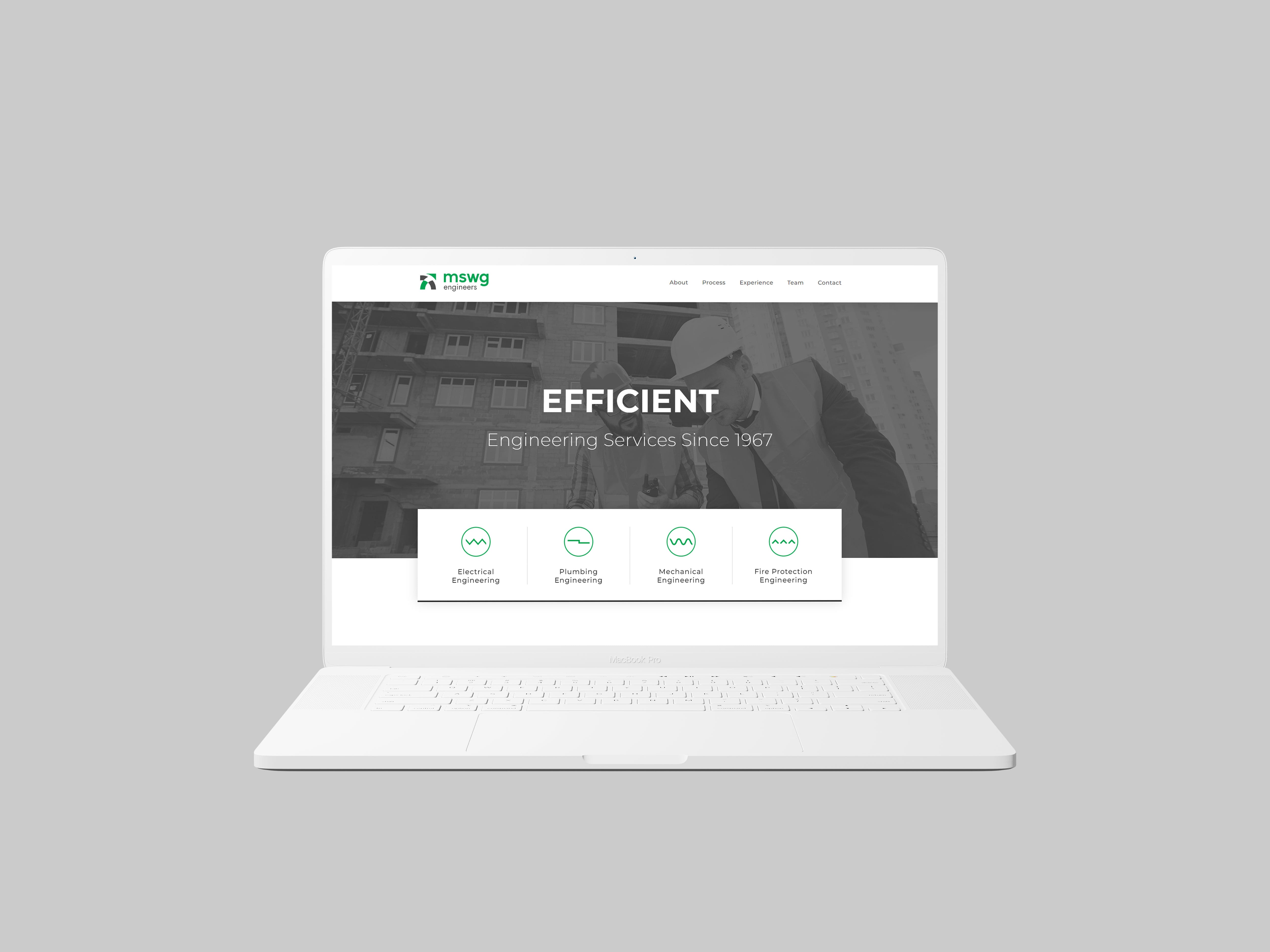 MSW Engineers website homepage on a laptop with four engineering service tiles, designed by Ossa Studio in Charlotte, NC